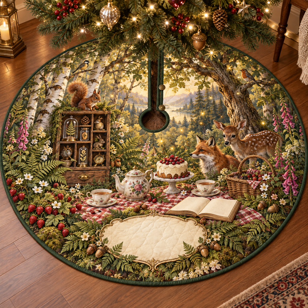 One tree skirt with a woodland tea picnic, curiosity cabinet, berry cake, botanical specimens and blank parchment name plaque.