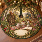 One tree skirt with a woodland tea picnic, curiosity cabinet, berry cake, botanical specimens and blank parchment name plaque.