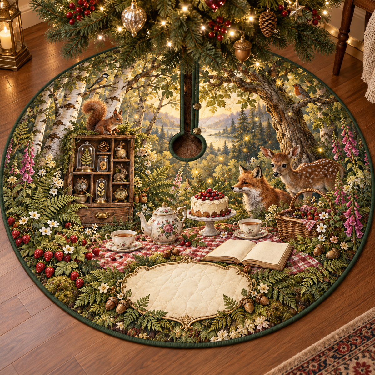 One tree skirt with a woodland tea picnic, curiosity cabinet, berry cake, botanical specimens and blank parchment name plaque.