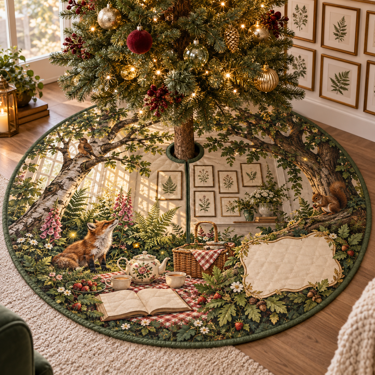 One tree skirt with a woodland tea picnic, apartment botanical gallery, wildflowers, strawberries and blank parchment name plaque.