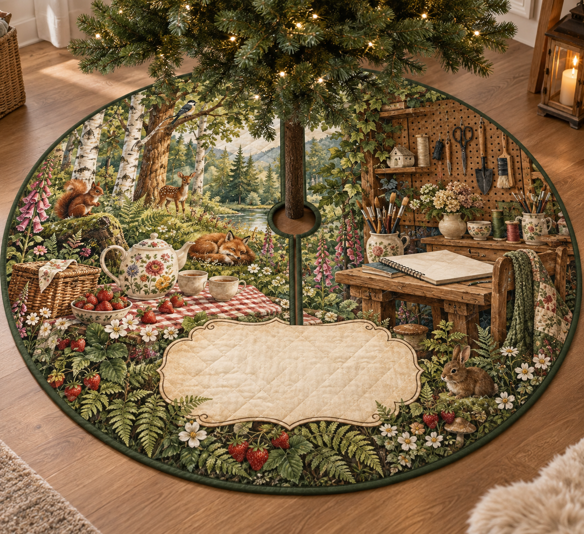One tree skirt with a woodland tea picnic, home hobby studio, creative tools and blank parchment name plaque.