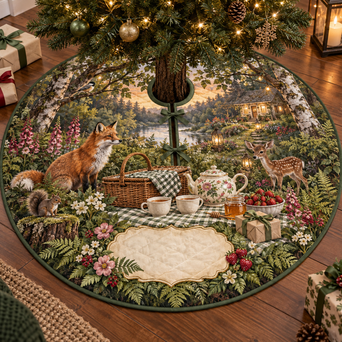 One tree skirt with a welcoming woodland tea picnic, cottage lights, plain gift and blank parchment name plaque.