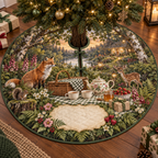 One tree skirt with a welcoming woodland tea picnic, cottage lights, plain gift and blank parchment name plaque.