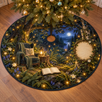 One tree skirt with a twilight firefly clearing, cozy reading chair, blank book pages and parchment name plaque.