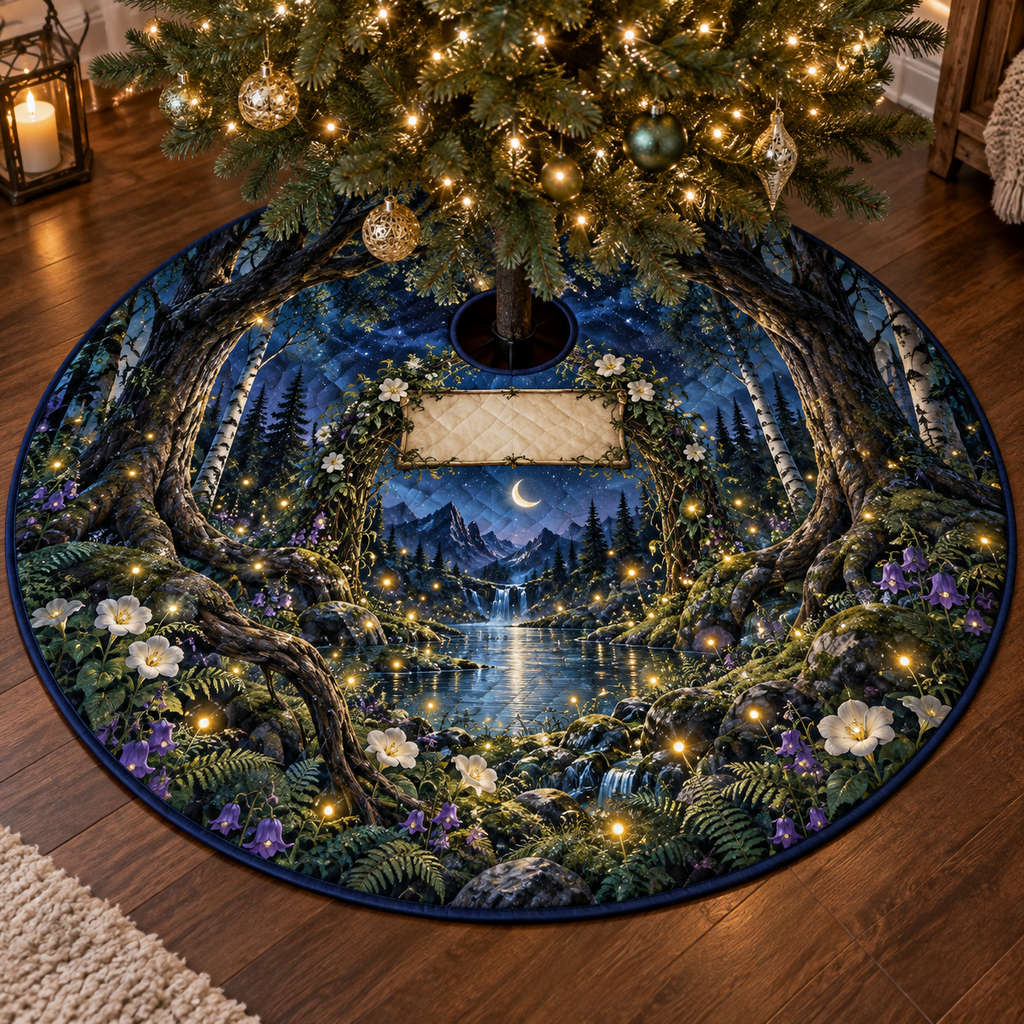One tree skirt with a dramatic moonlit firefly clearing, reflecting pool and blank parchment name plaque.