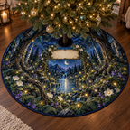 One tree skirt with a dramatic moonlit firefly clearing, reflecting pool and blank parchment name plaque.