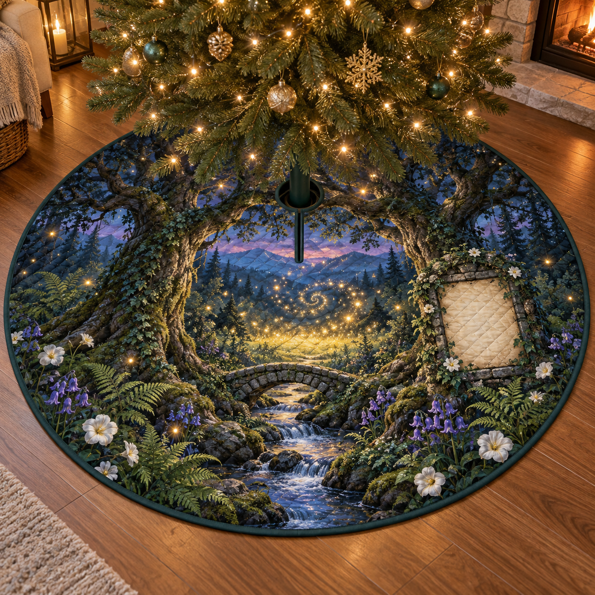 One tree skirt with a grand firefly clearing, tiny stone bridge, winding stream and blank parchment name plaque.