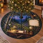 One tree skirt with a twilight firefly clearing, refined home-office study and blank parchment name plaque.