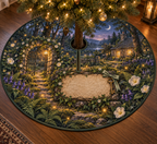 One tree skirt with a glowing firefly cottage, arched gate, antique key and blank parchment name plaque.