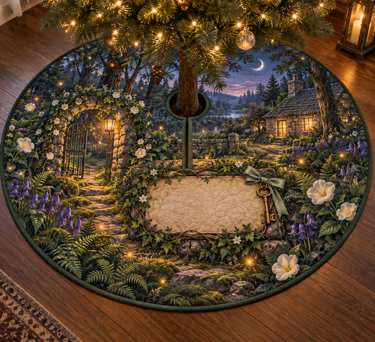 One tree skirt with a glowing firefly cottage, arched gate, antique key and blank parchment name plaque.