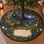 One tree skirt with a tranquil firefly clearing, rattan chair, side table and blank parchment name plaque.