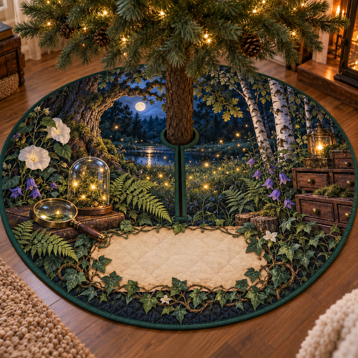 One tree skirt with a firefly clearing, brass magnifying glass, glass cloche, collector drawers and blank parchment name plaque.