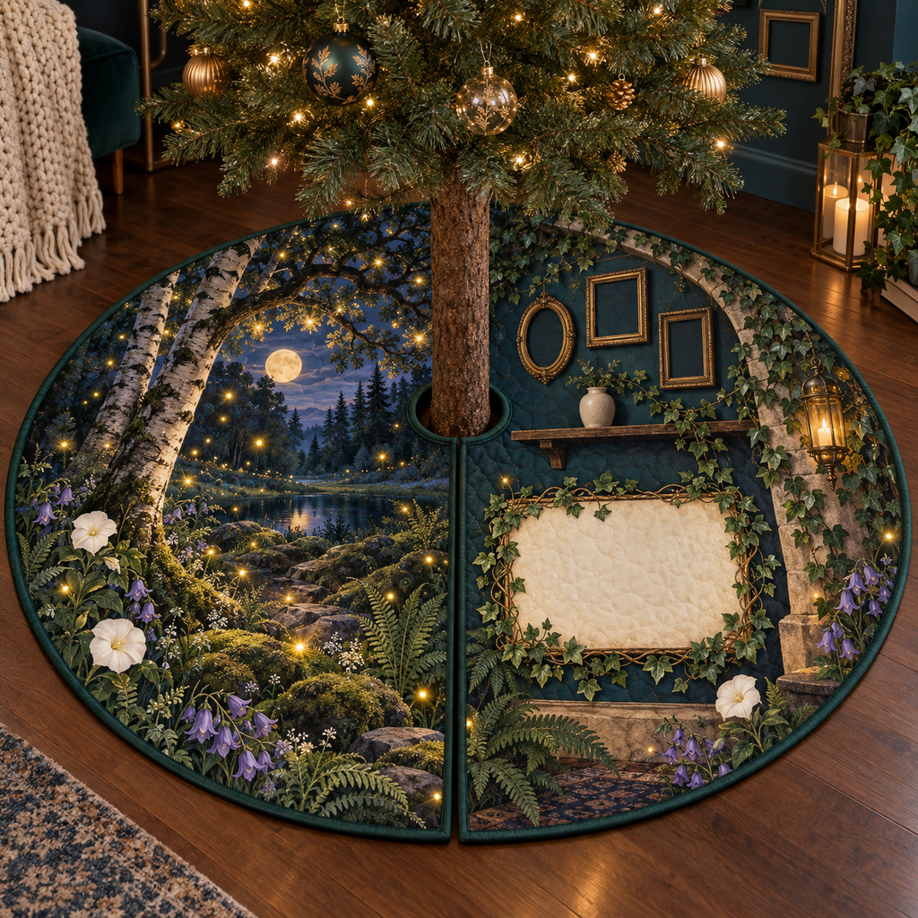 One tree skirt with a firefly clearing, compact gallery alcove, empty frames and blank parchment name plaque.