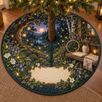 One tree skirt with a firefly clearing, embroidery hoop, paintbrush jar, blank sketchbook and blank parchment name plaque.