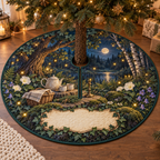 One tree skirt with a firefly clearing, ceramic tea set, covered bread basket, rosemary sprig and blank parchment name plaque.