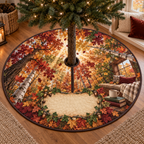 One tree skirt with a sunlit autumn canopy, cozy window-seat reading nook and blank parchment name plaque.