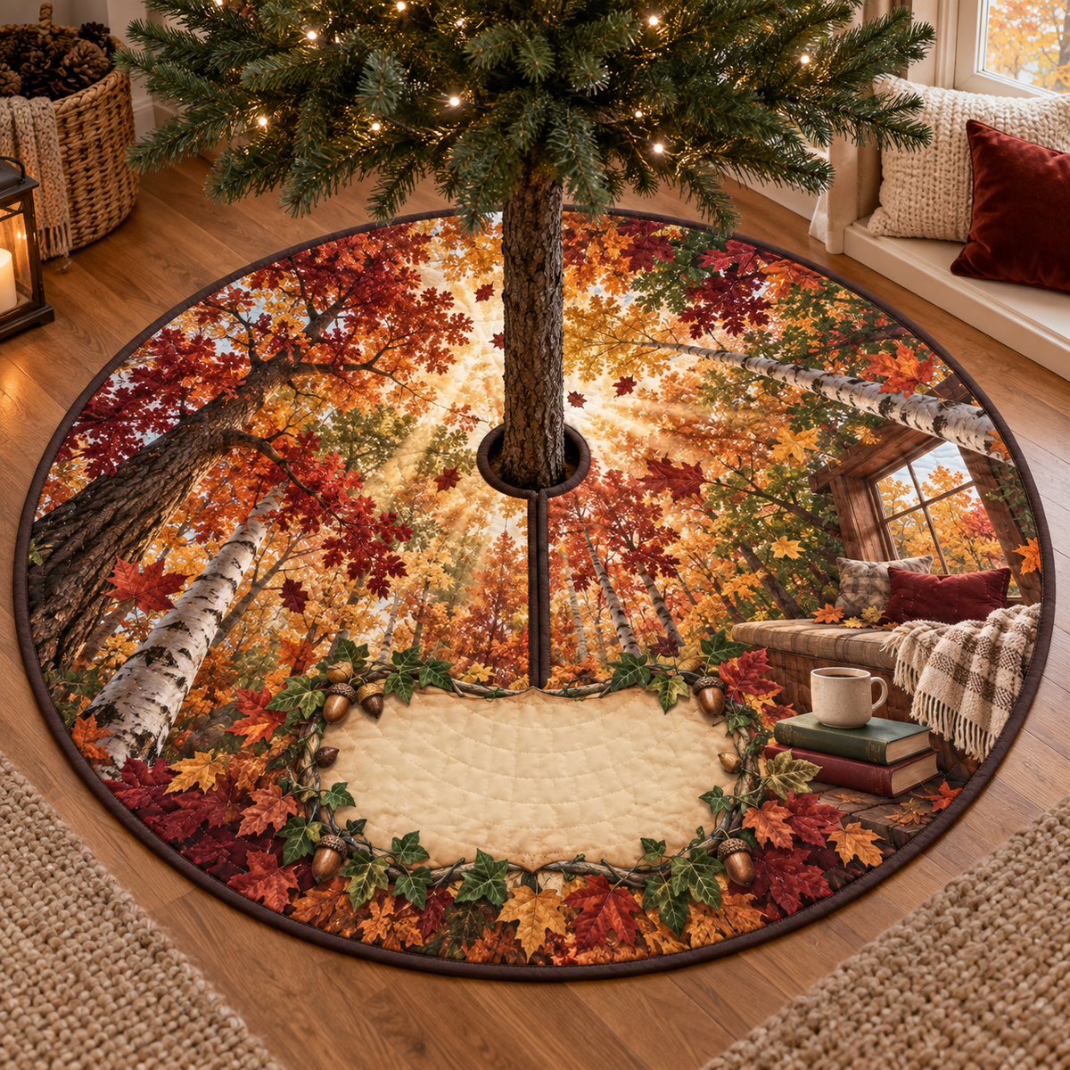One tree skirt with a sunlit autumn canopy, cozy window-seat reading nook and blank parchment name plaque.