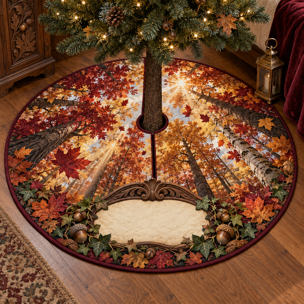 One tree skirt with a dramatic autumn canopy, carved walnut arch, brass lantern and blank parchment name plaque.