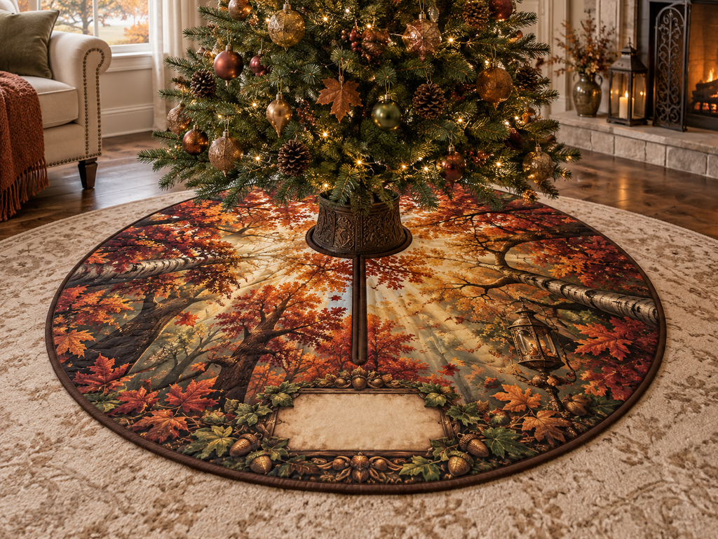 One tree skirt with a dramatic autumn canopy, carved walnut frame, brass lantern and blank parchment name plaque.