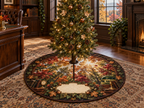 One tree skirt with a vaulted autumn canopy, walnut library arch, banker lamp and blank ivory name plaque.