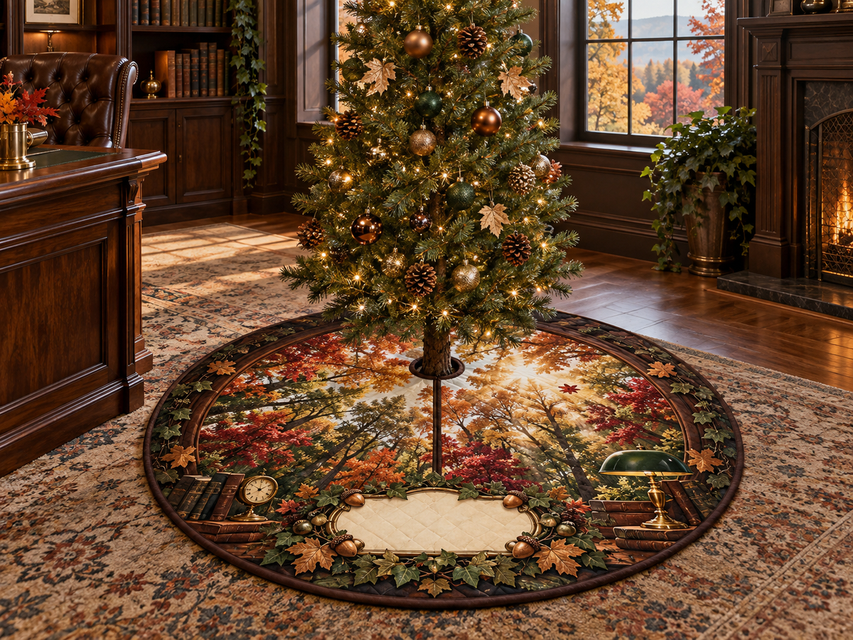 One tree skirt with a vaulted autumn canopy, walnut library arch, banker lamp and blank ivory name plaque.