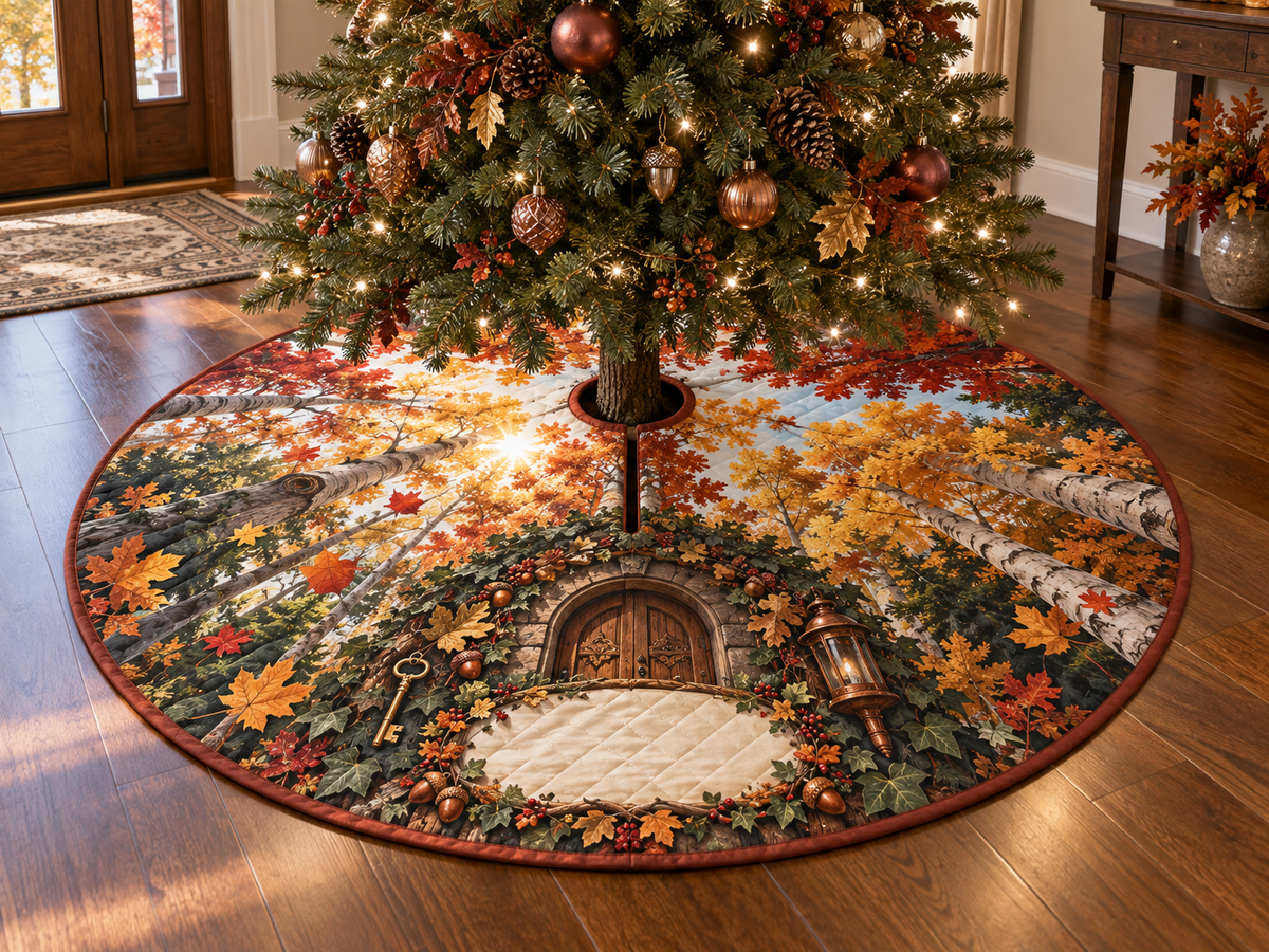 One tree skirt with an immersive autumn canopy, cottage doorway, brass key, copper lantern and blank cream name plaque.
