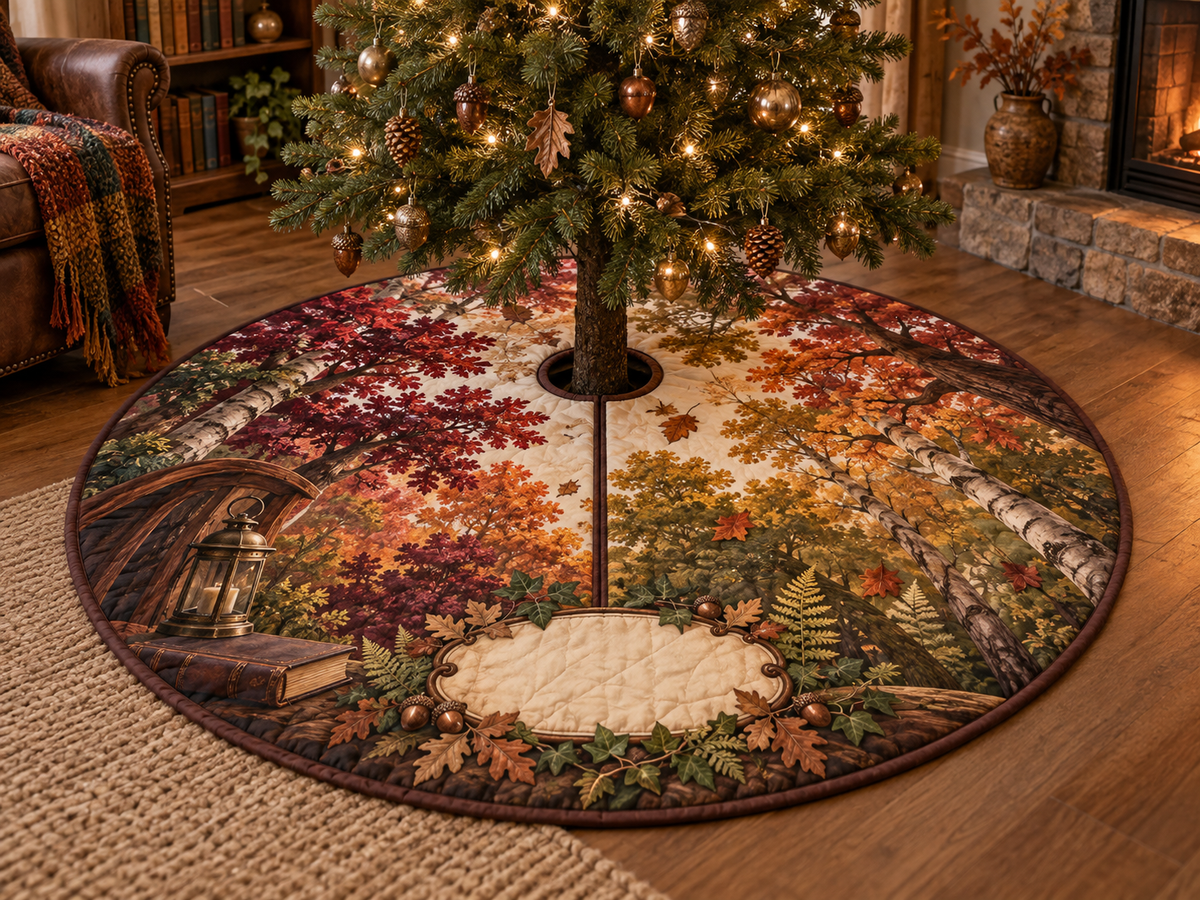 One tree skirt with a tranquil autumn canopy, walnut reading arch, brass lantern, closed book and blank cream name plaque.