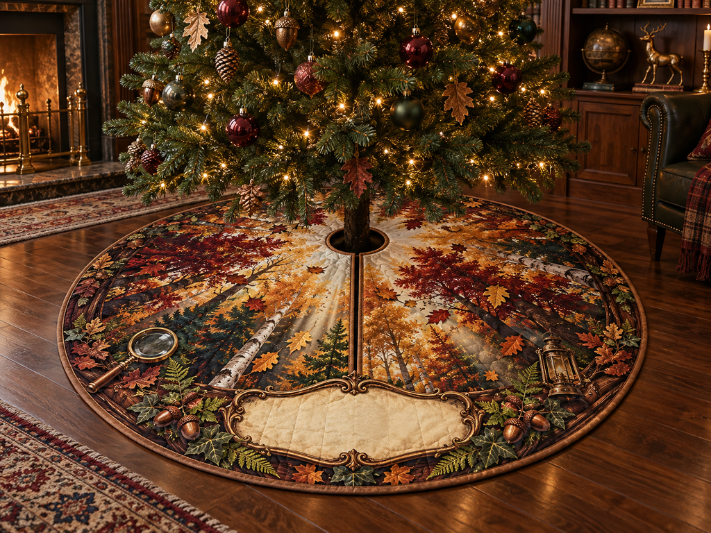 One tree skirt with a rare autumn canopy, walnut collector arch, brass magnifying glass, museum lantern and blank parchment name plaque.