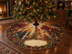 One tree skirt with a rare autumn canopy, walnut collector arch, brass magnifying glass, museum lantern and blank parchment name plaque.
