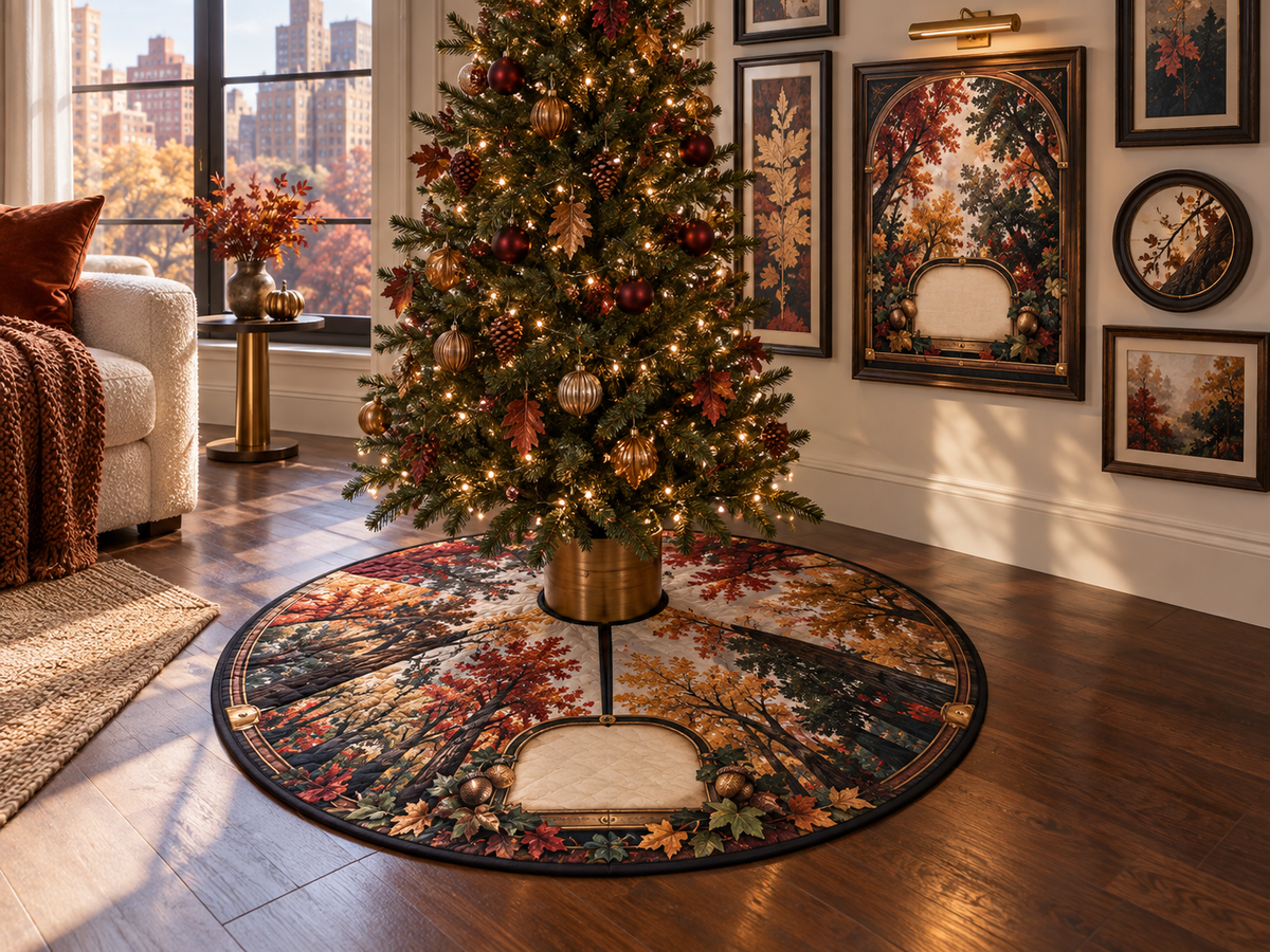 One tree skirt with a graphic autumn canopy, black-walnut gallery arch, brass accents, picture light and blank linen name plaque.
