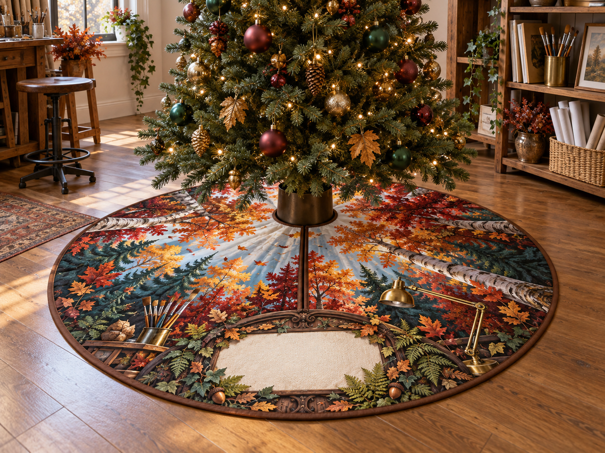 One tree skirt with an autumn forest canopy, carved walnut studio arch, brass art tools and blank canvas-texture name plaque.