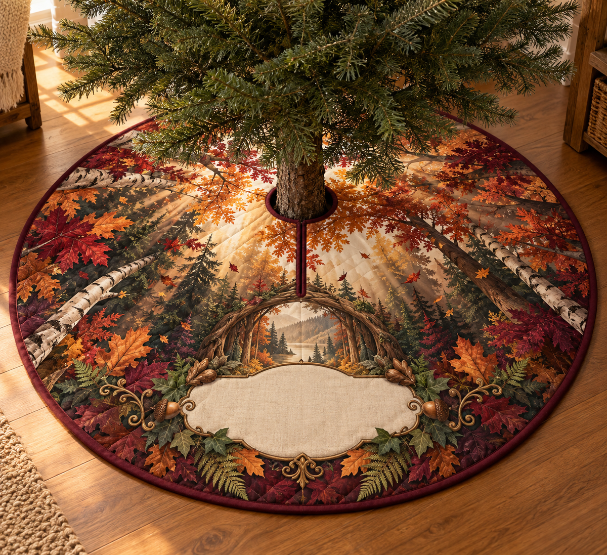 One tree skirt with a luminous autumn forest canopy, curved cedar doorway and blank cream-linen name plaque.