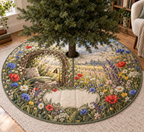 One tree skirt with a sunlit wildflower meadow, woven-willow reading arch and blank ivory-linen name plaque.