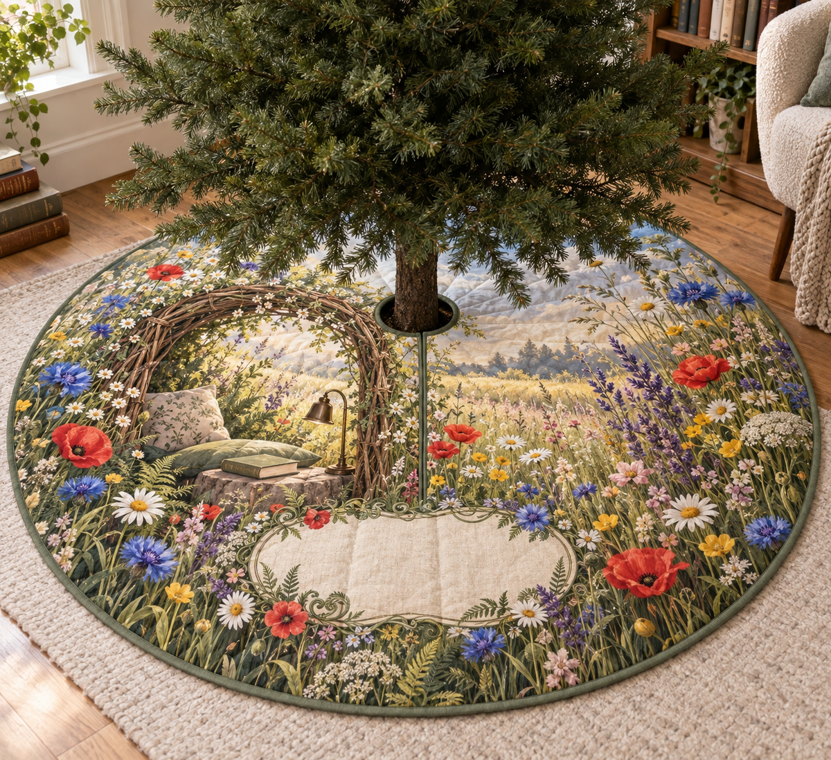 One tree skirt with a sunlit wildflower meadow, woven-willow reading arch and blank ivory-linen name plaque.