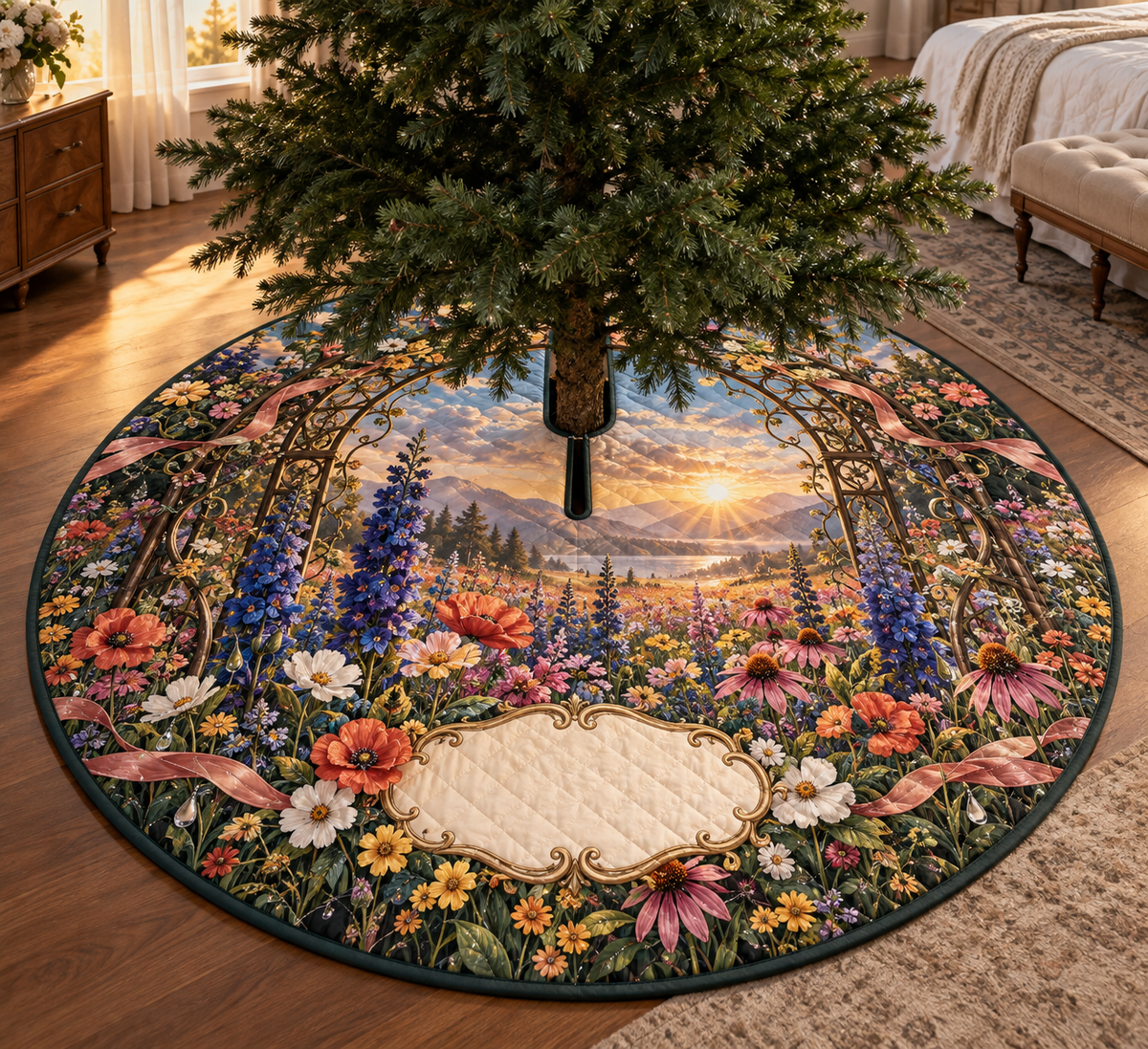 One tree skirt with a dramatic sunrise wildflower meadow, dark-bronze botanical trellis and blank ivory name plaque.