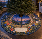 One tree skirt with a blue-hour wildflower meadow, circular stone garden portal and blank ivory name plaque.