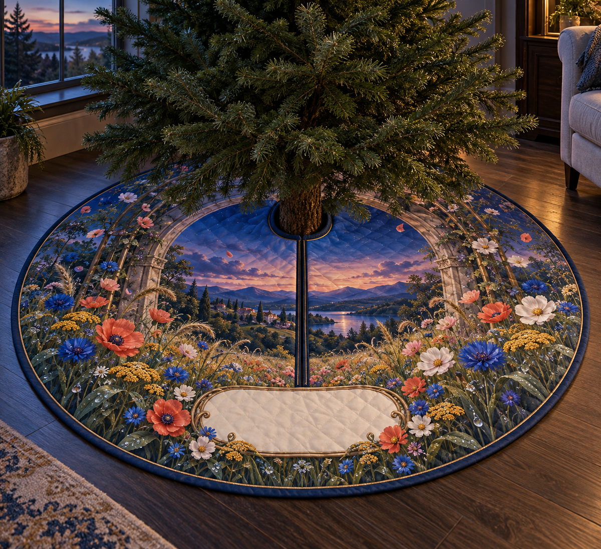 One tree skirt with a blue-hour wildflower meadow, circular stone garden portal and blank ivory name plaque.