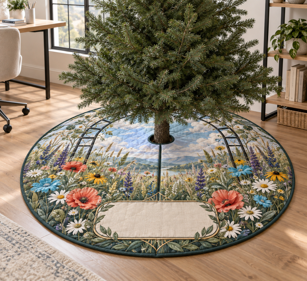 One tree skirt with a fresh wildflower meadow, blackened-steel studio window and blank linen name plaque.