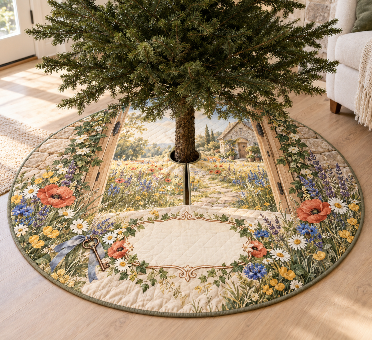 One tree skirt with a sunlit wildflower meadow, fieldstone cottage doorway, antique-copper key motif and blank linen name plaque.