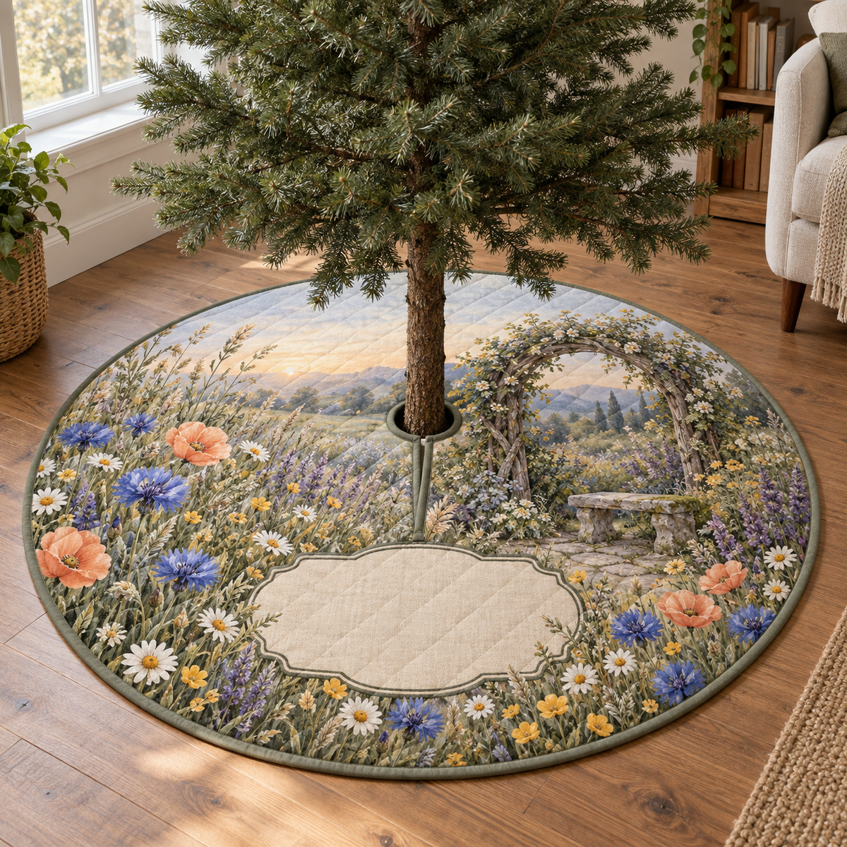 One tree skirt with a tranquil dawn wildflower meadow, weathered willow arch, stone bench motif and blank linen name plaque.