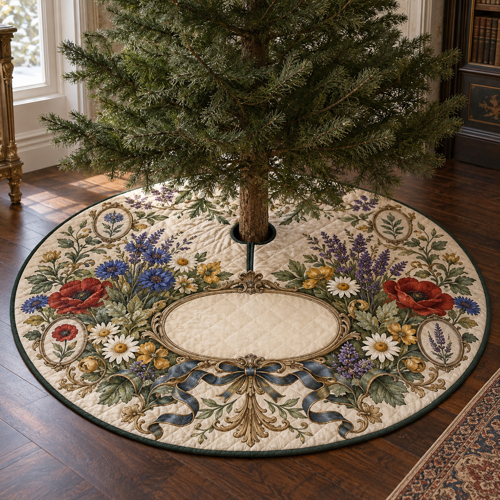 One tree skirt with a collector wildflower herbarium, antique-brass oval frame, botanical medallions and blank ivory linen name plaque.