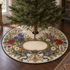 One tree skirt with a collector wildflower herbarium, antique-brass oval frame, botanical medallions and blank ivory linen name plaque.