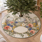 One tree skirt with overlapping arched wildflower gallery panels, matte-brass printed lines and blank warm-linen name plaque.