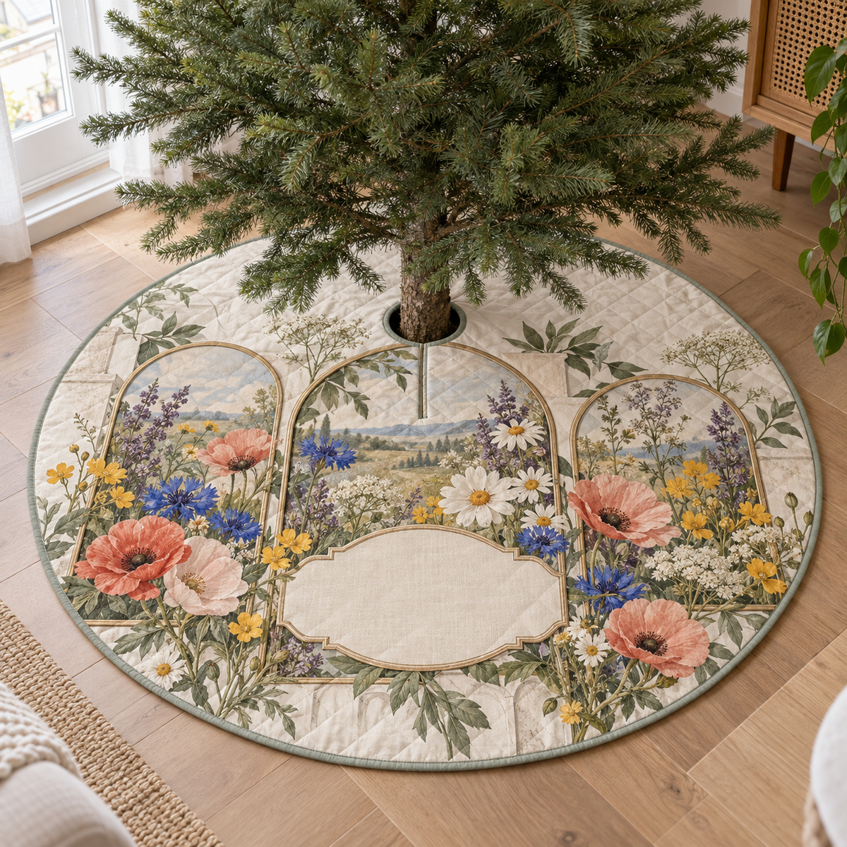 One tree skirt with overlapping arched wildflower gallery panels, matte-brass printed lines and blank warm-linen name plaque.