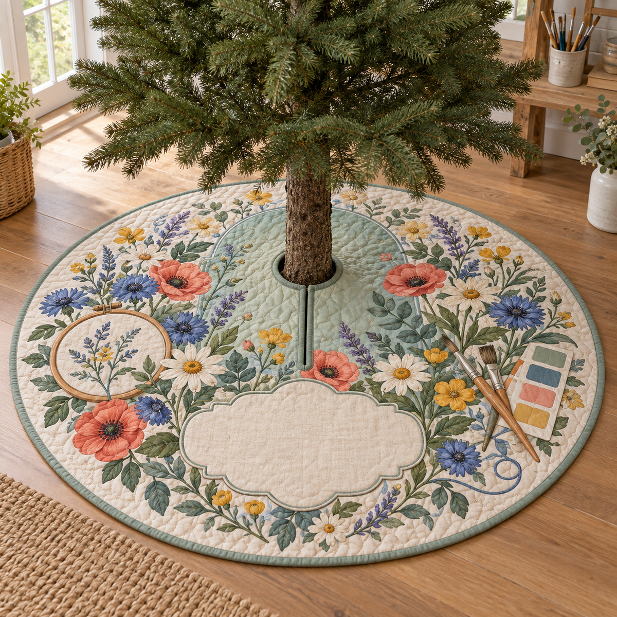 One tree skirt with a wildflower maker garden, sea-glass studio arch, embroidery hoop, paintbrush motifs and blank oatmeal-linen name plaque.