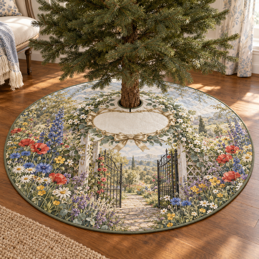 One tree skirt with a welcoming wildflower garden gate, whitewashed trellis, champagne-gold ribbon wreath motif and blank ivory-linen name plaque.