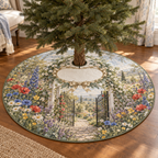 One tree skirt with a welcoming wildflower garden gate, whitewashed trellis, champagne-gold ribbon wreath motif and blank ivory-linen name plaque.