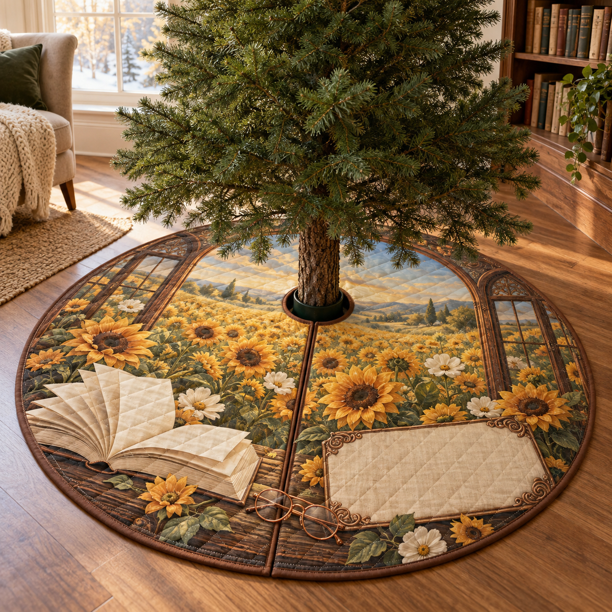 One tree skirt with a luminous sunflower field, walnut library-window arch, copper reading-glasses motif and blank parchment-linen name plaque.