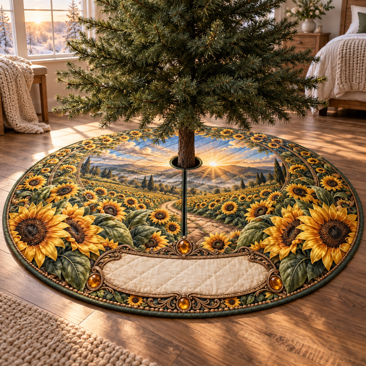 One tree skirt with a deep-perspective sunflower field, walnut portal, antique-copper filigree and blank ivory personalization plaque.