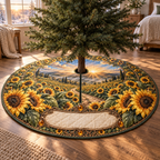 One tree skirt with a deep-perspective sunflower field, walnut portal, antique-copper filigree and blank ivory personalization plaque.